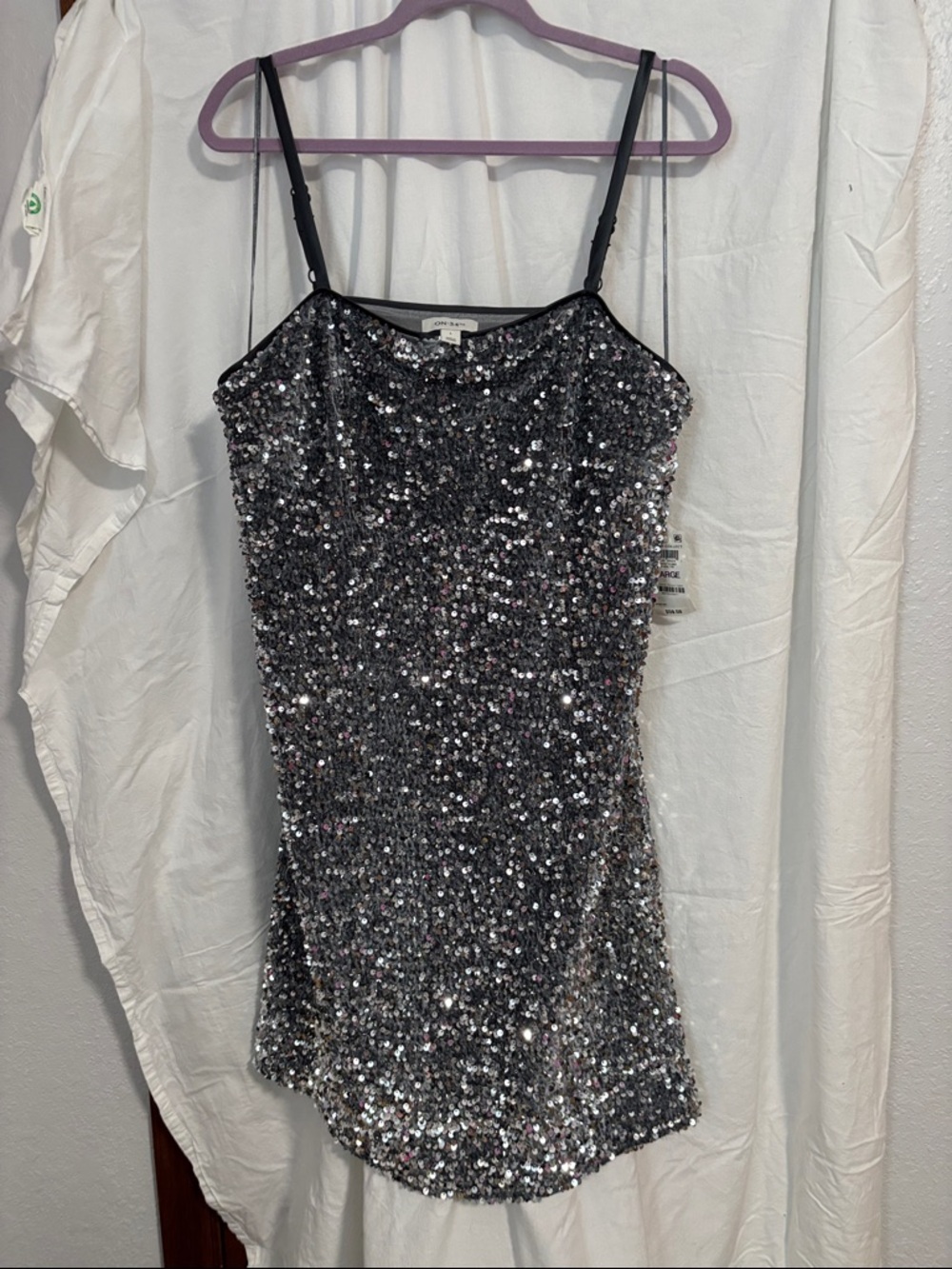 Silver Sequin Mini Dress with Spaghetti Straps